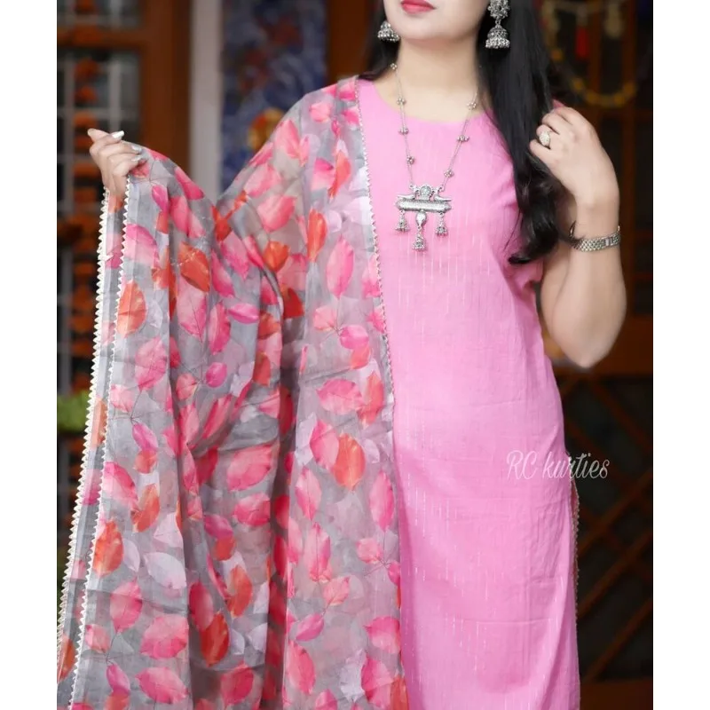 Pink Color Printed Kurti Pant with Dupatta Set Women Salwar Kameez Suit Kurta's