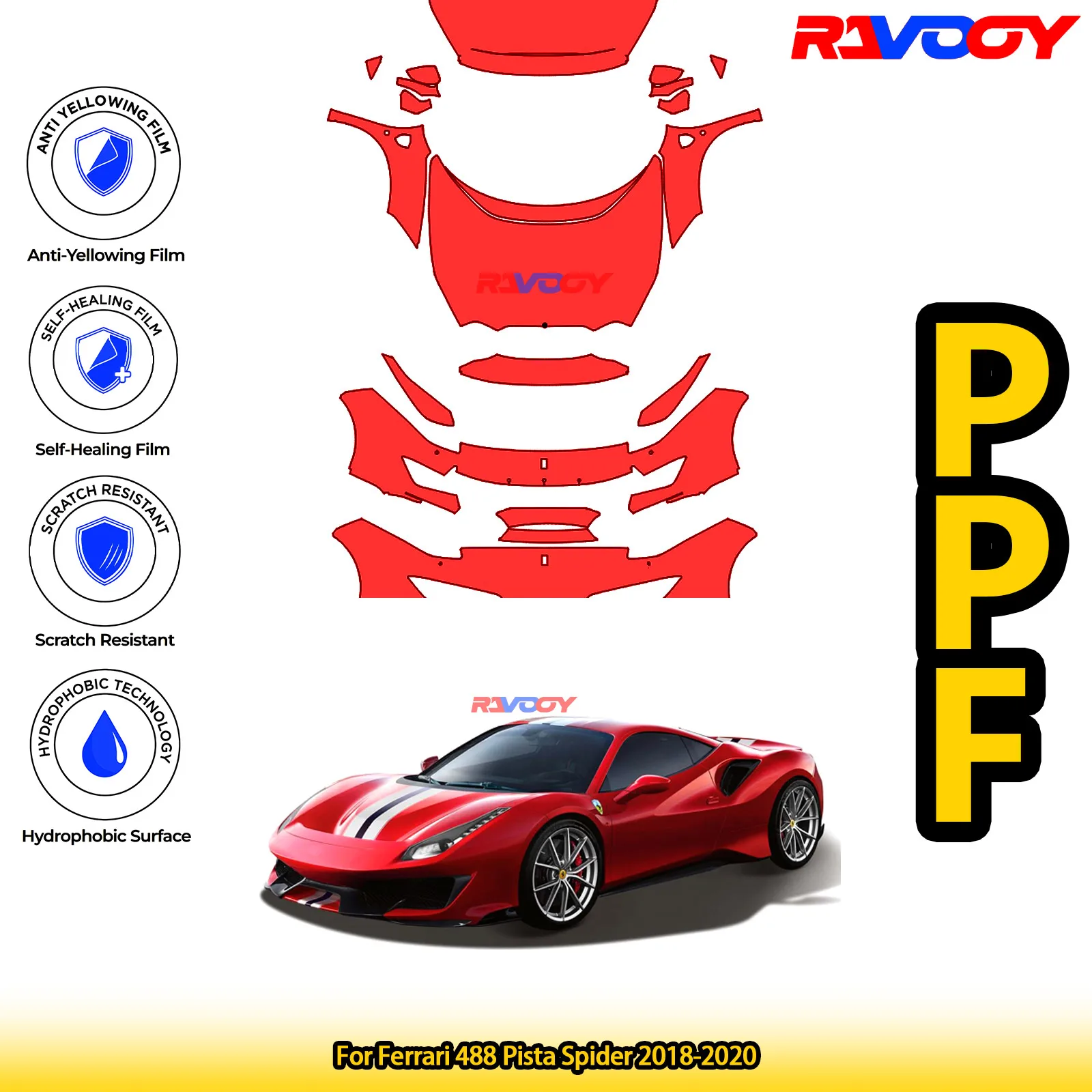 

Для Ferrari 488 Pista Spider 2018-2020 глянцевая матовая черная предварительно вырезанная передняя защитная пленка PPF Kit
