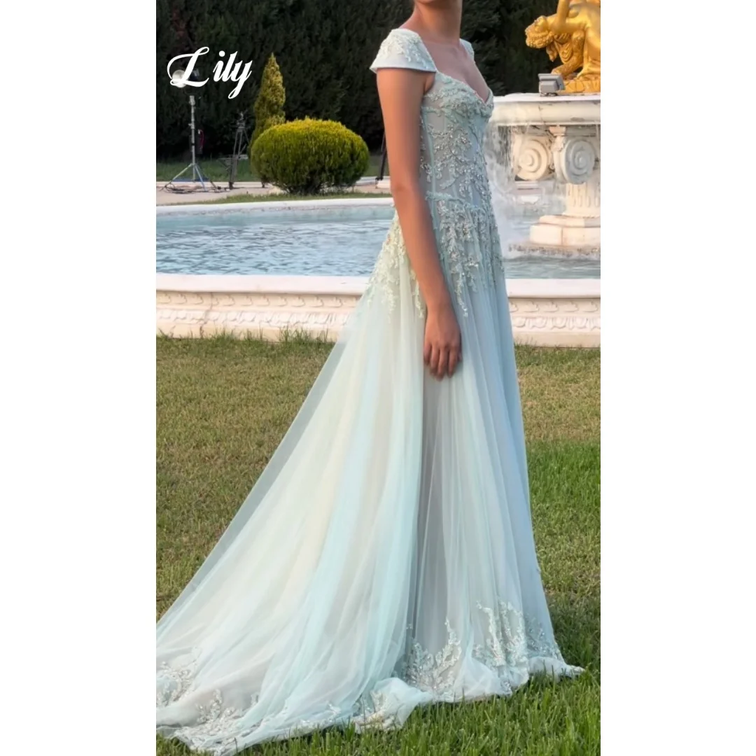 Lily Elegant Mint Green Prom Dress Sweetheart Neck Cap Sleeve Sheer Beaded Lace Tulle Trailing Formal Evening Gown Customized image 6