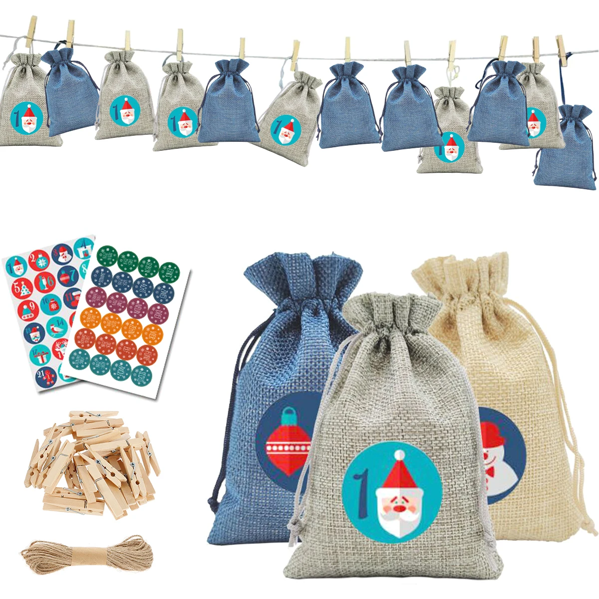 2Set DIY Christmas Gift Bag Breathable Gift Treat Candy Bag Linen Burlap Bag with 24 Clips 2 Stickers Jute Bag with Jute Cord