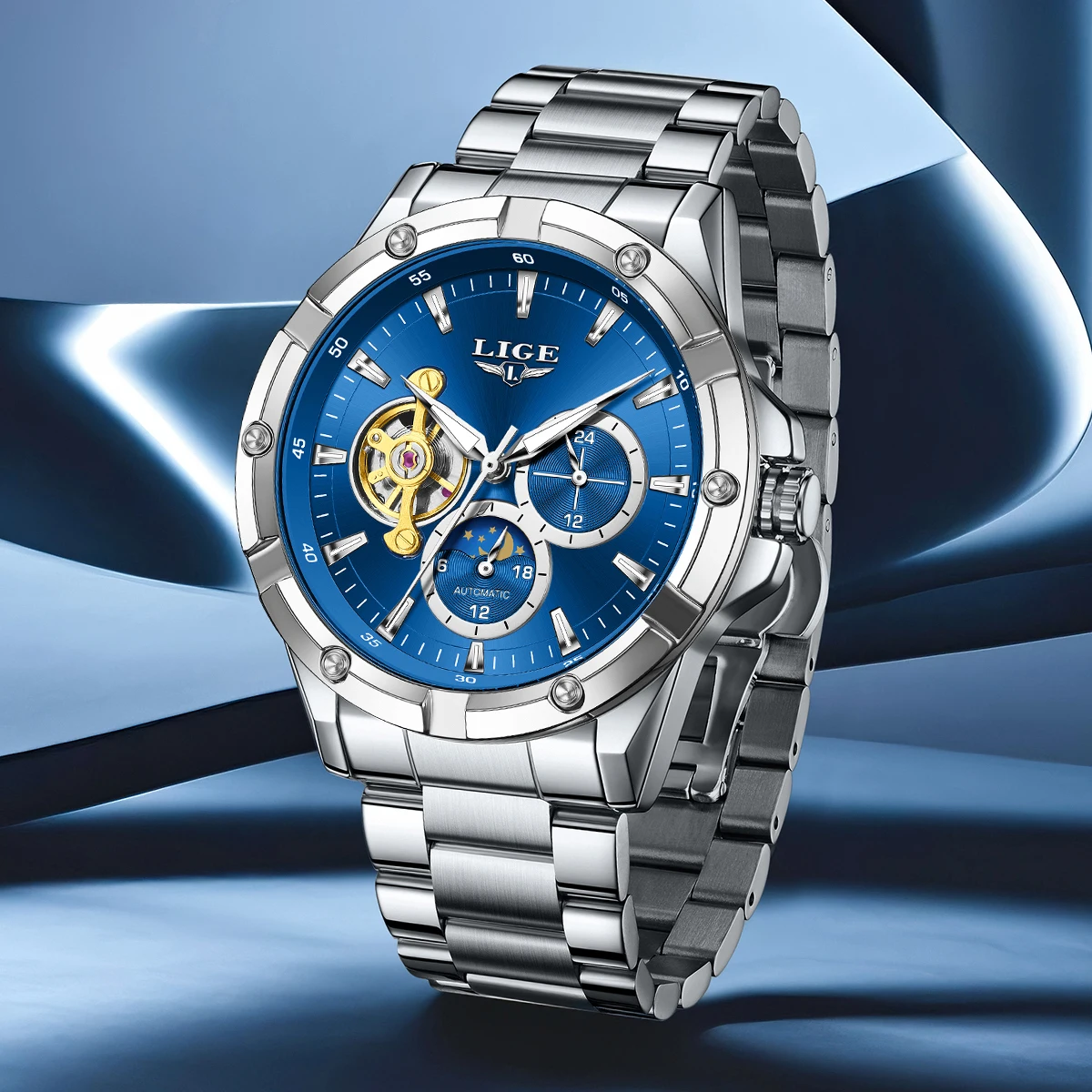 

LIGE NEW Mens Luxury Watches Business Luminous Waterproof Automatic Mechanical Watch Fashion Moon Phase Luxury Reloj Hombre+BOX