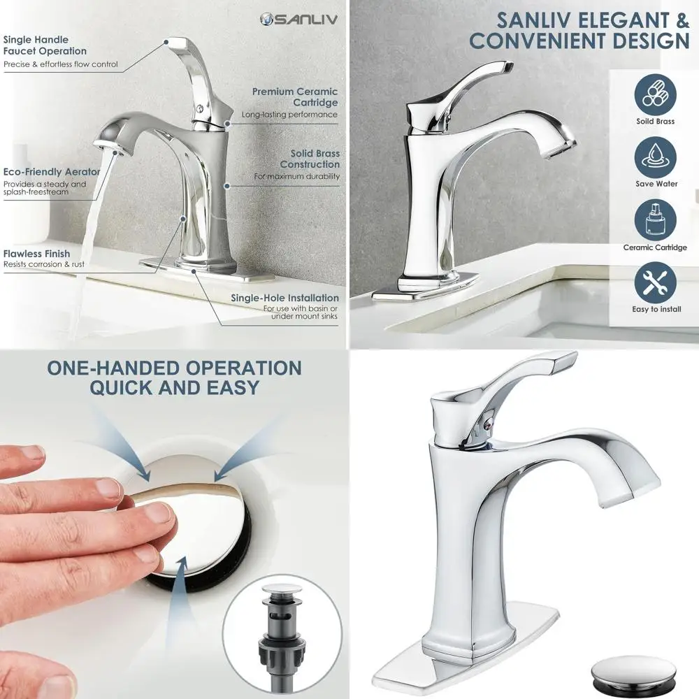 

Single Handle Centerset Bathroom Sink Faucet with Pop-Up Drain, Deck Plate, Suitable for 1 or 3-Hole Installations, Modern Farmh