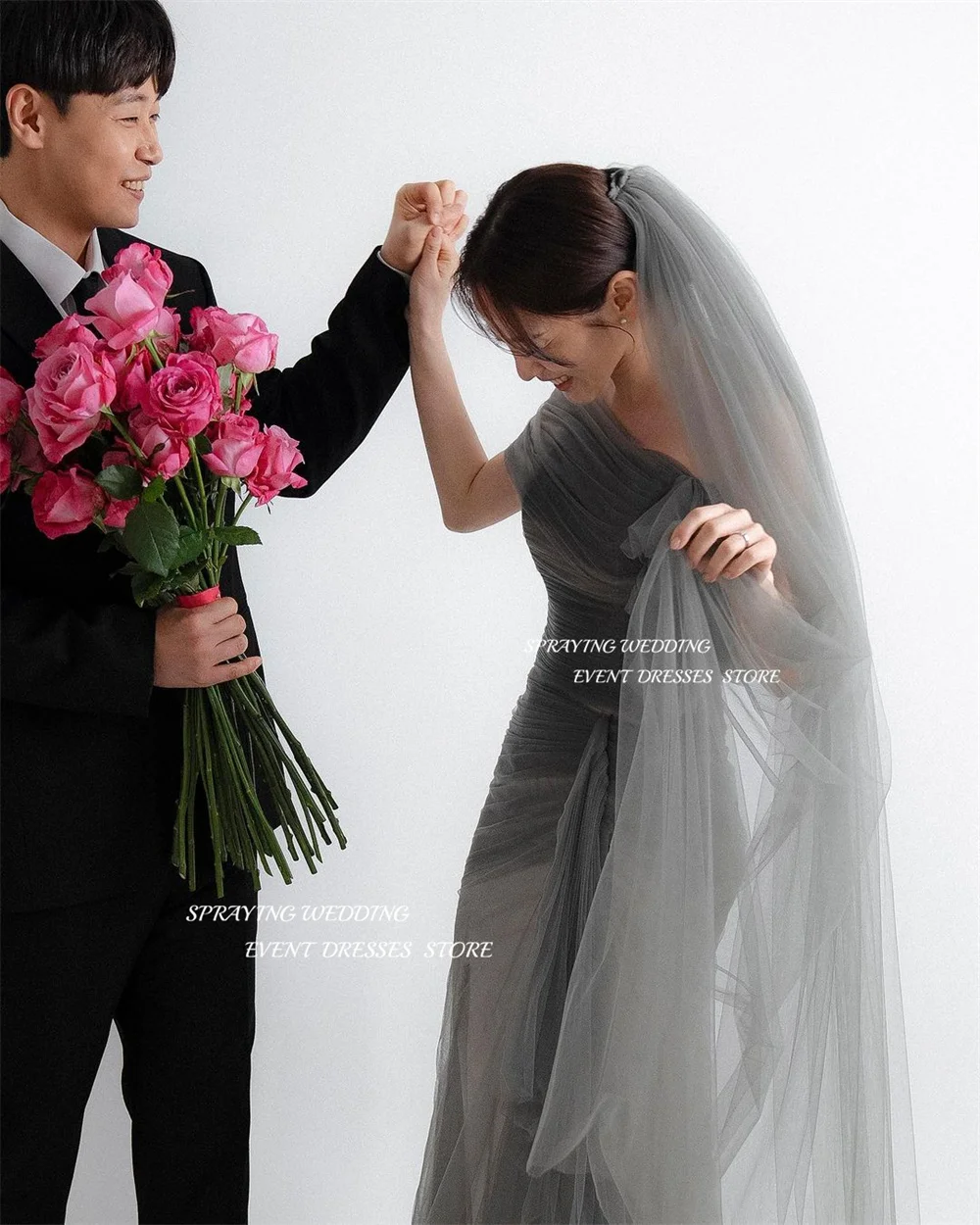 رش بسيط واحد الكتف الطية كوريا فساتين الزفاف طويلة حورية البحر البوق تول زي العرائس مشد صورة تبادل لاطلاق النار ستناء #3