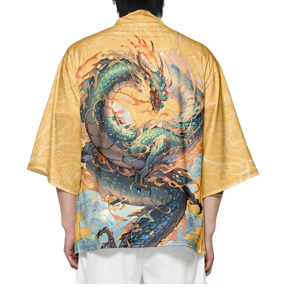 

Fashion Anime Dragon Print Yellow Improved Kimono Japanese Style Women Men Streetwear Beach Cardigan Cosplay Haori Shirts