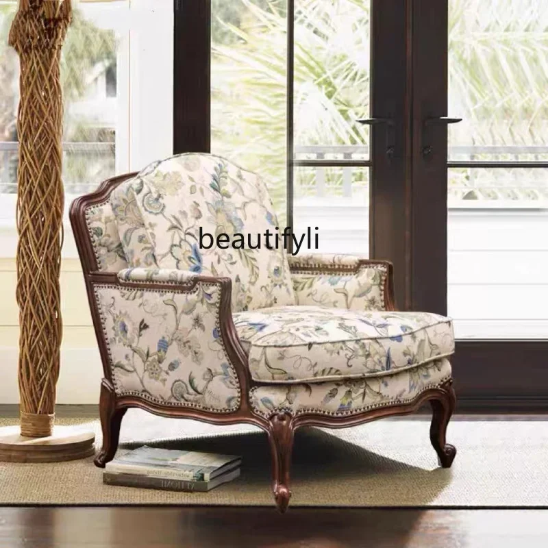 LJYAmerican-Style Solid Wood Sofa Living Room Single Sofa Retro Distressed French Entry Lux High Back