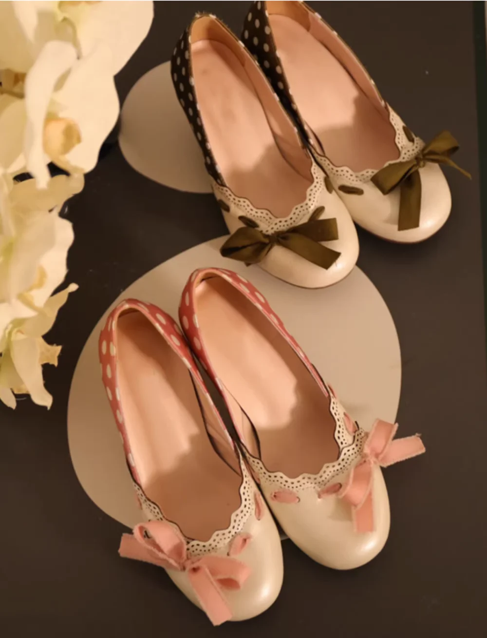 

Pink Polka Dot Mary Jane Heels Bow Lace Trim Contrast Color Block Design New Spring Style Round-Toe Low-Cut Chunky Heel Shoes