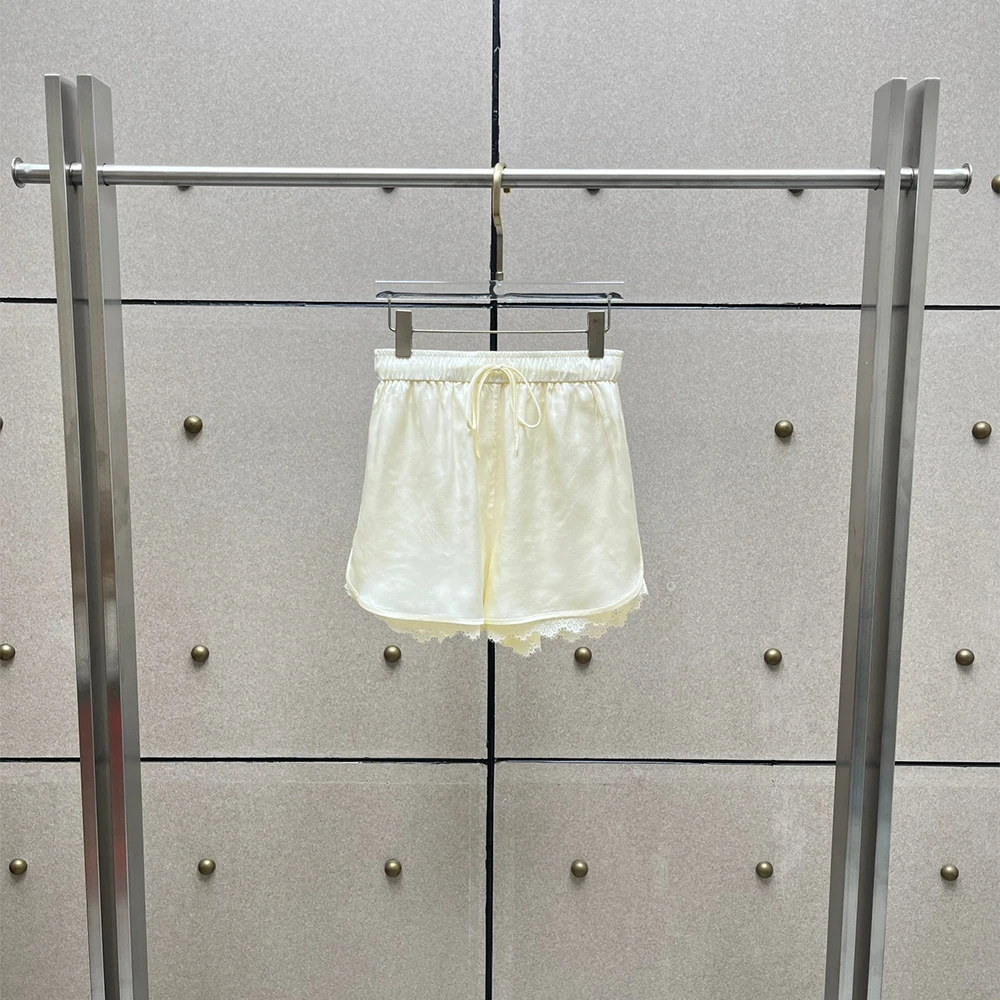 Ladies Satin Shorts Drawstring Waist Lace Trim Hem Casual Elegant Summer Daily Loungewear Streetwear Women Short Bottom Pants
