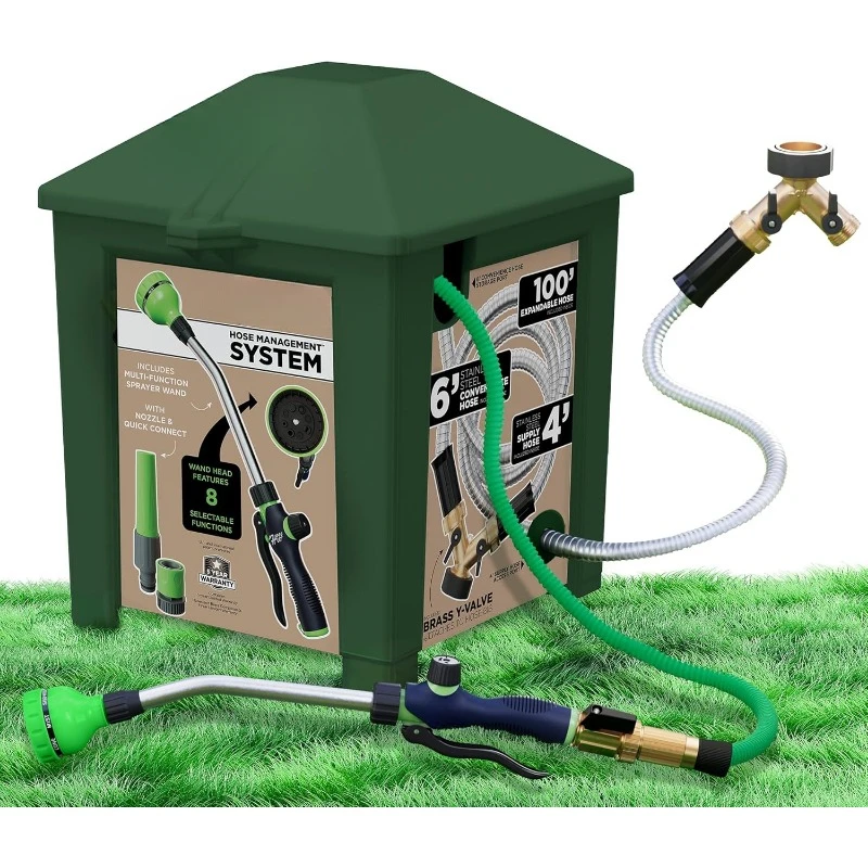 Garden Hose Holder System All-in-One Water Hose Holder for Outside - With 3 Hoses & Accessories (Green - Lite Lawn & Garden)