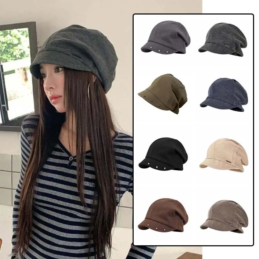 Rivet Ornament Slouchy Beret Face Framing Soft Fabric Short Brim Hat Solid Color Warm Lining Studded Beanie Daily Commute