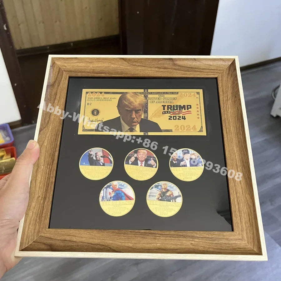 

Custimized 2024 Trump gold plated banknote with five commemorative coin in display frame for decoration collection