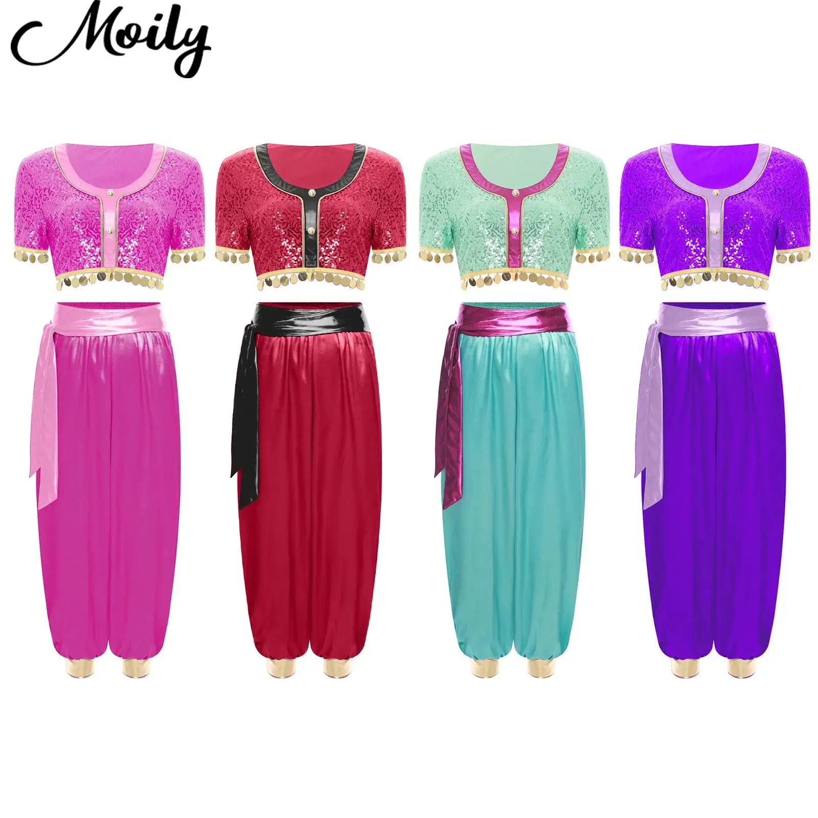 

Womens Belly Dance Outfits Halloween Princess Cosplay Costumes Sequin Tassel Short Sleeve Crop Top with Pants And Belt Dancewear