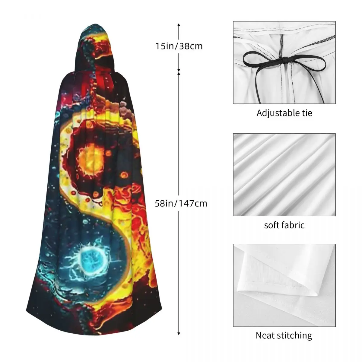 火と水のバランス陰陽ロングフード付きマント魔女中世衣装コスプレケープハロウィンヴァンパイア大人ユニセックス