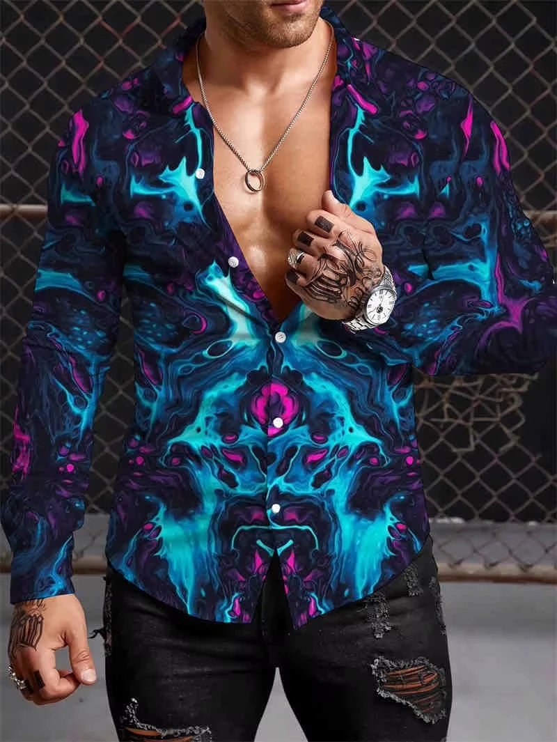 Men's Colorblock Button Shirt Printed Long Sleeve Fashion Casual Holiday Party Street Spring and Summer Lapel Printed Shirt。
