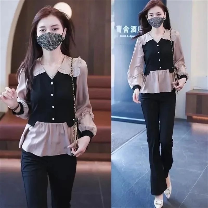 Large Size Fake Two Piece Shirt Womens Spring Long Sleeved French Style Beautiful Slimming Top Covering Flesh stylish Base Shirt