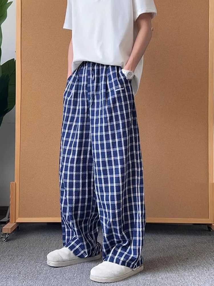 

Прямые повседневные брюки в клетку большого размера, мужские летние тонкие широкие брюки, свободные брюки в клетку, модные молодежные брюки