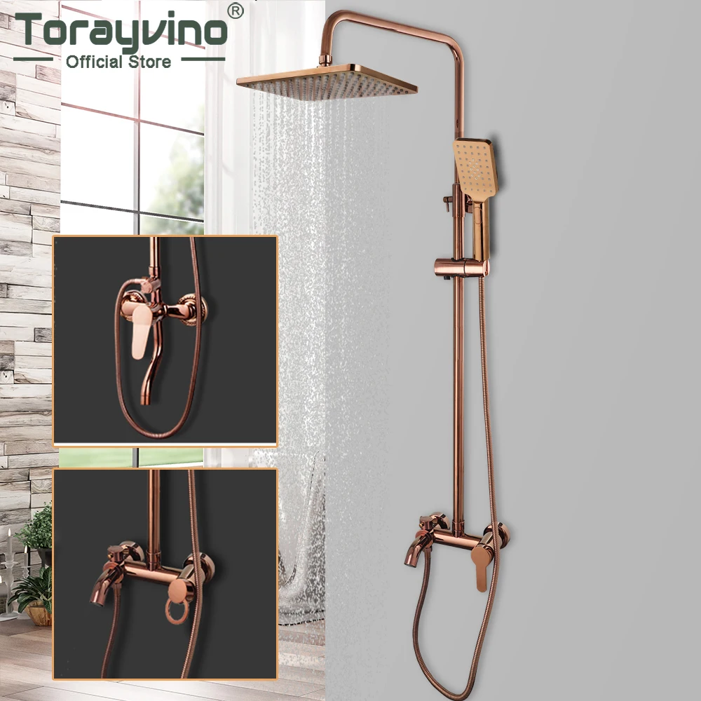 

Torayvino Rose Gold Rectangle Rainfall Shower Head Bathroom Showers Faucet Wall Mounted Bathtub Shower System Mixer Water Tap