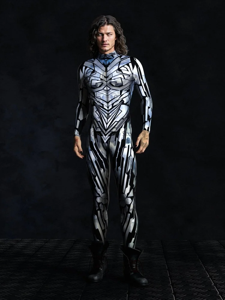 Men Mechanical Armor Bodysuit Cyber Jumpsuit Halloween Party Cosplay Steampunk Silver Costume Zentai Suit PerformanceRompers