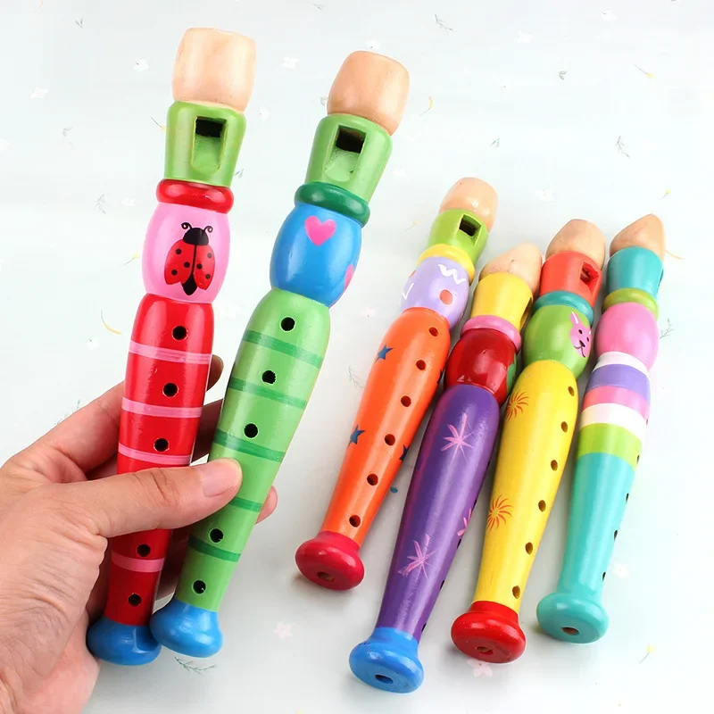 Flûte Courte en Bois à 6 Trous Motif d'Animaux de Dessin Animé, Jouet Musical Coloré pour Calcul du Vent, Flûte Verticale pour Enfant