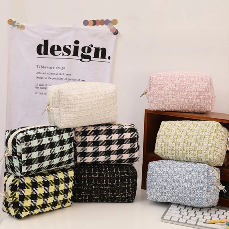 Black Canvas Plaid Travel Cosmetic Lipstick Storage Bag Cute Girls Makeup Handbags Organizer Stationery Pencil Cases Pouch Bag