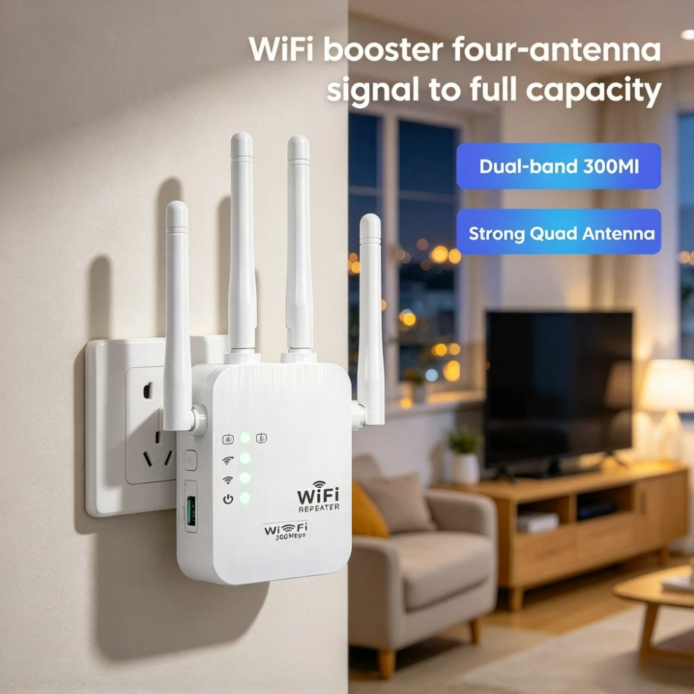300Mbps WiFi Extender EU Plug Long Range Wireless WiFi Repeater Signal Booster Home Internet Network Amplifier for WiFi Coverage