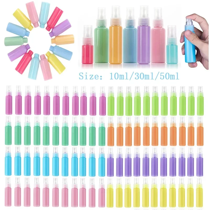 

50Pcs 10ml/30ml/50ml Macaron Plastic Spray Bottle Fine Fog Spray Bottles Empty Portable Refillable Containers For Liquid Perfume