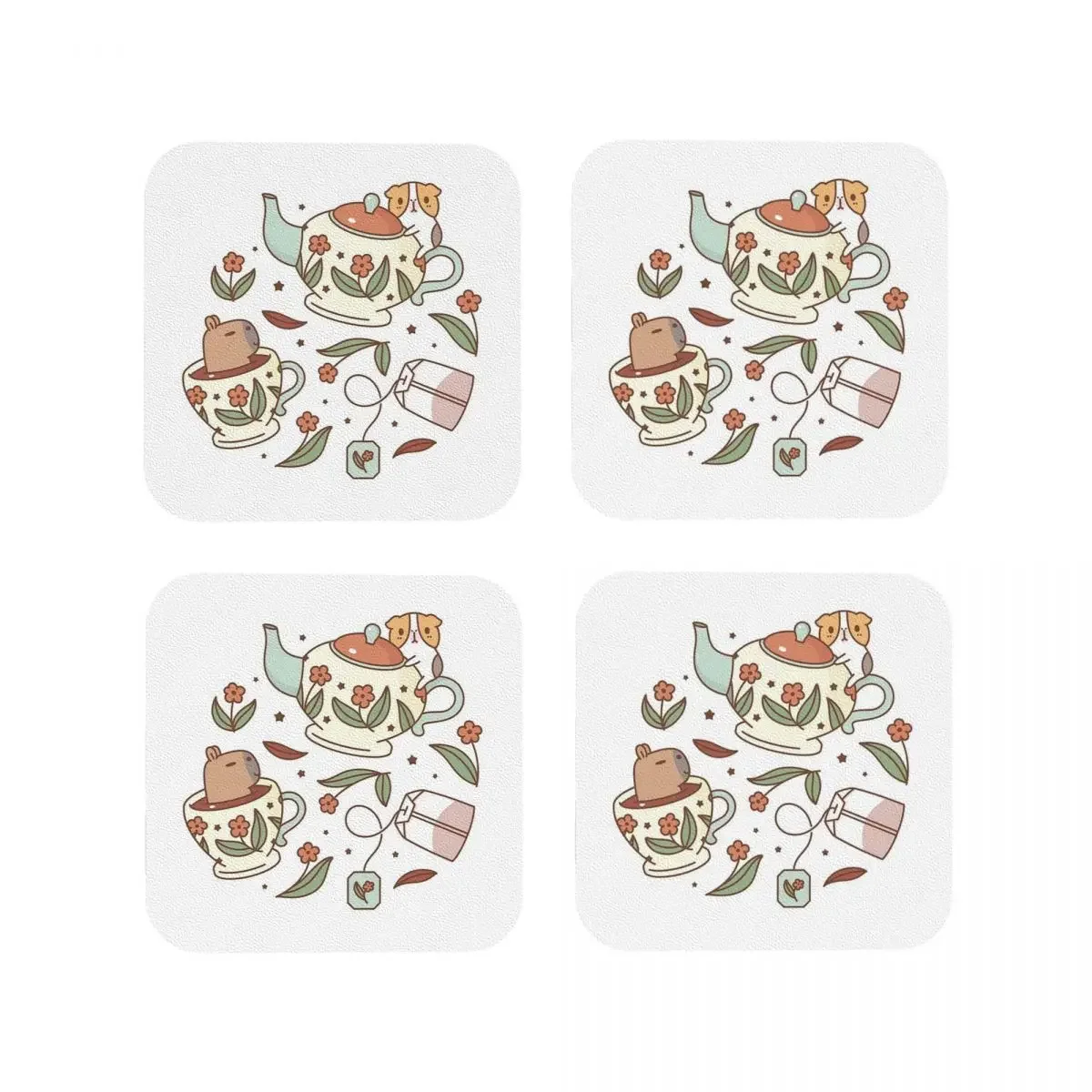 Guinea Pig And Capybara Tea Party, Bubu And Moonch Coasters Kitchen Placemats Cup Coffee Mats For Home Tableware Pads Set of 4