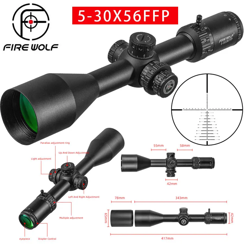 

FIRE WOLF 5-30X56 FFP First Focal Plane Scope Tactical Riflescope With Illumination For Long Range Shooting Hunting Fit .338