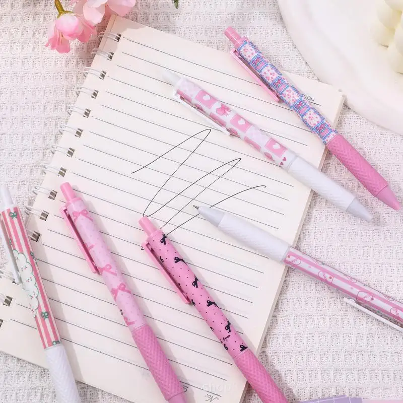 New 4/6Pcs Pink White Bow Star Gel Pen Set 0.5mm Fine Point Retractable Pens Journal Office Stationery Gift