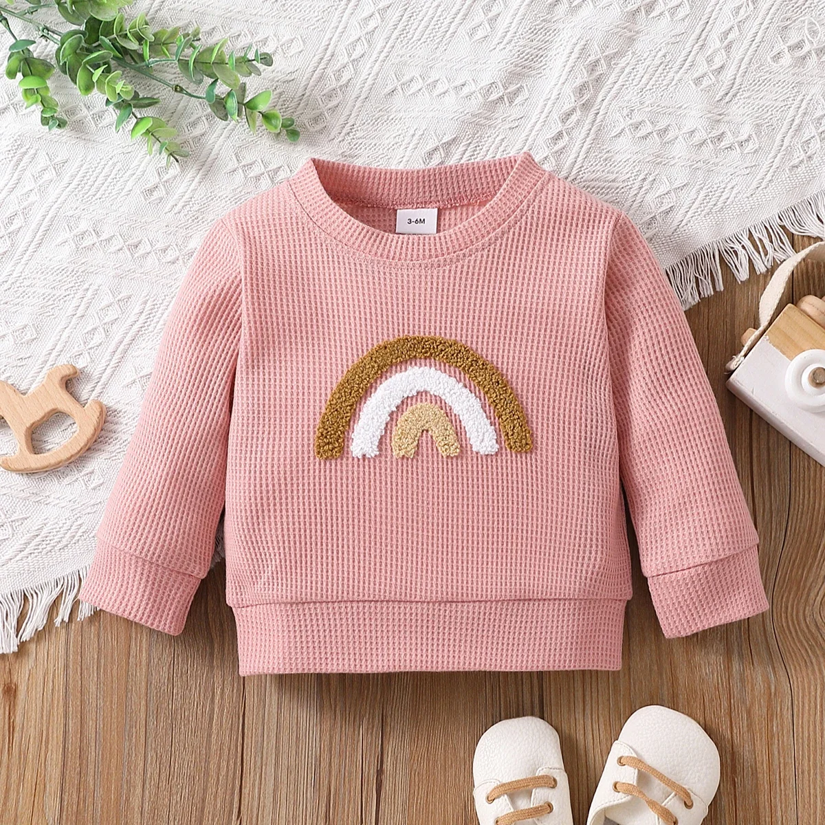 PatPat Baby Boy/Girl Rainbow Pattern Waffle Long-sleeve Pullover Sweatshirt Perfect for Outings and Daily Wear Basic Style