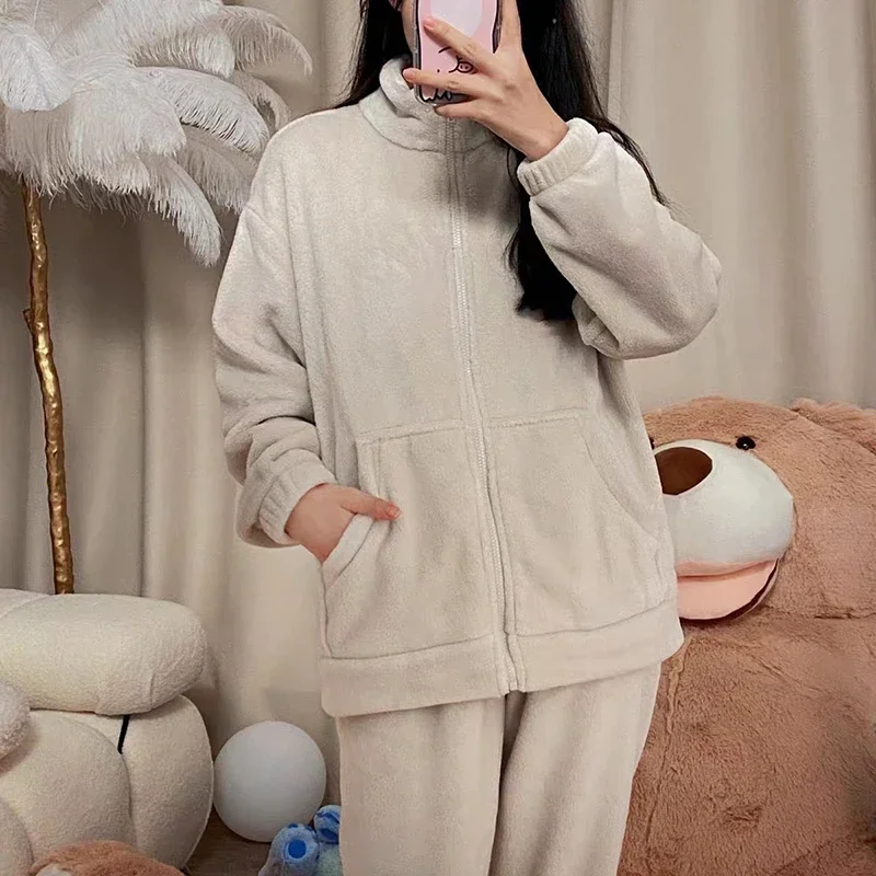 HELIAR Women Warm Fleece Suit Pullover And Pants Sets Casual Mock Neck Sets Women Home Velvet Thermal Sets Autumn Winterv