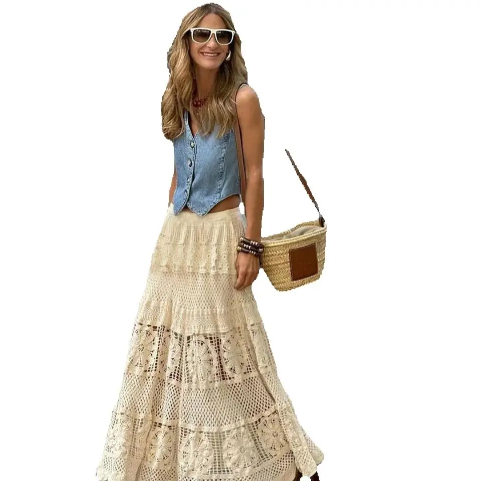 

2025 европейская, американская и русская новая кружевная полая трикотажная полуюбка