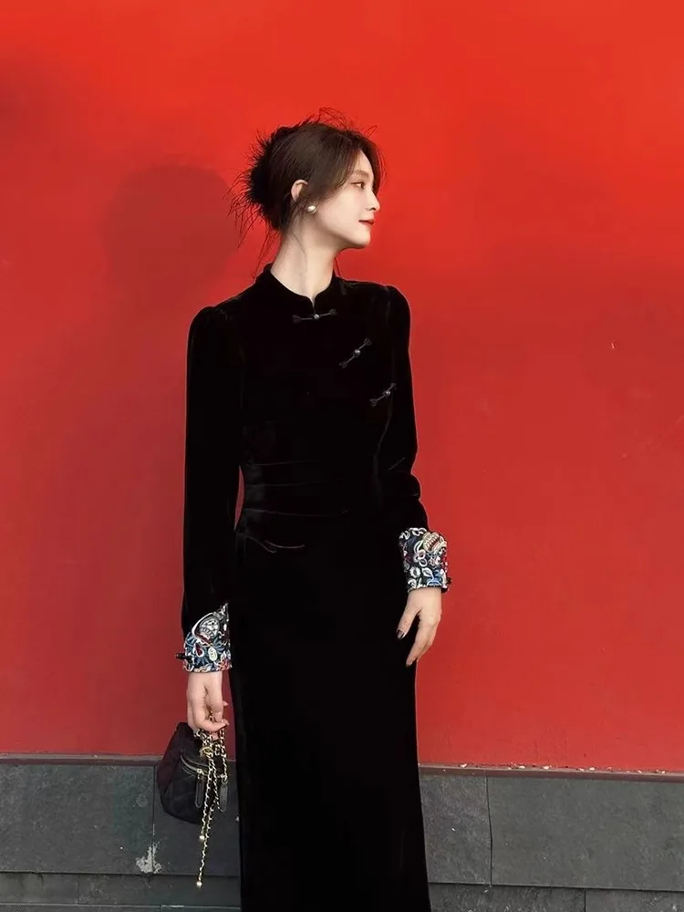

Young Style Chinese National Velvet Dress Button Design Long Sleeve Full Length Black Color Women's Dress Suitable for Daily ...