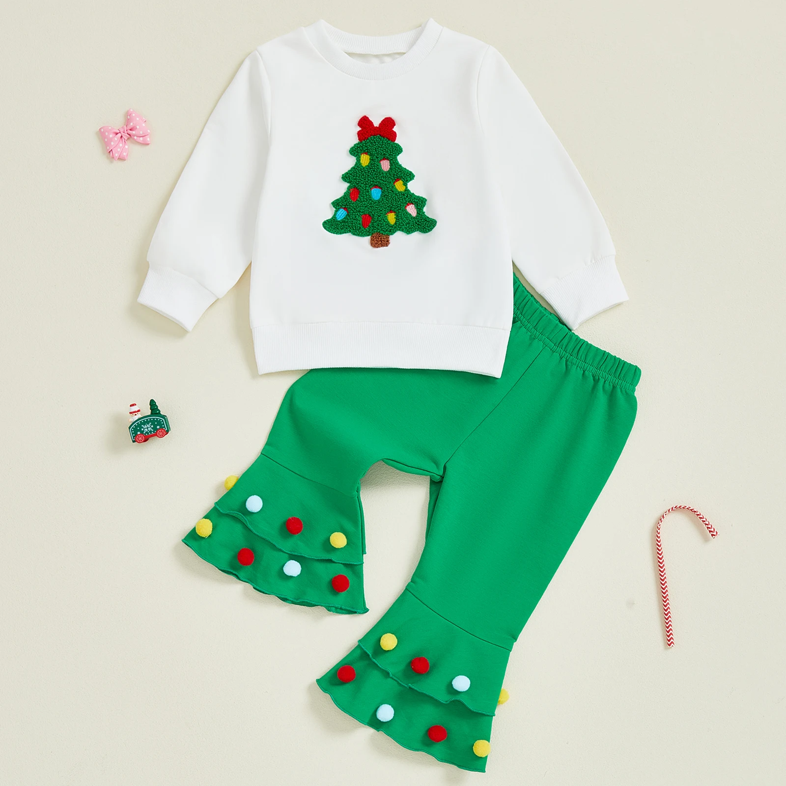 

Комплект одежды для маленьких девочек, пуловер с длинными рукавами и вышивкой «Рождественская елка» и расклешенный низ, наряды из двух предметов