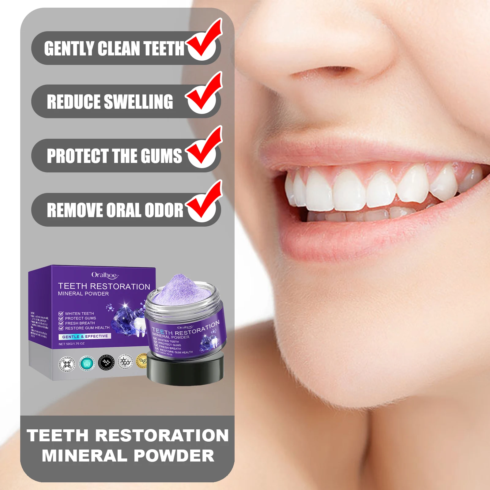 ORALHOE Teeth Restoration Mineral Powder Gently Clean Gums Reduce Swelling Long-lasting Fresh Breath Remove Tooth Surface Stains