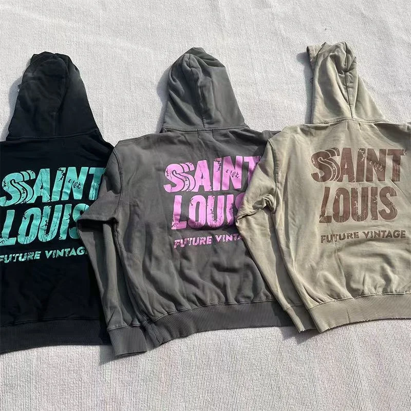 High Street Oversized Fashion Splattered Ink Letters Print SAINT LOUIS Hoodie High Quality Man Woman Vintage Washed Sweatshirt