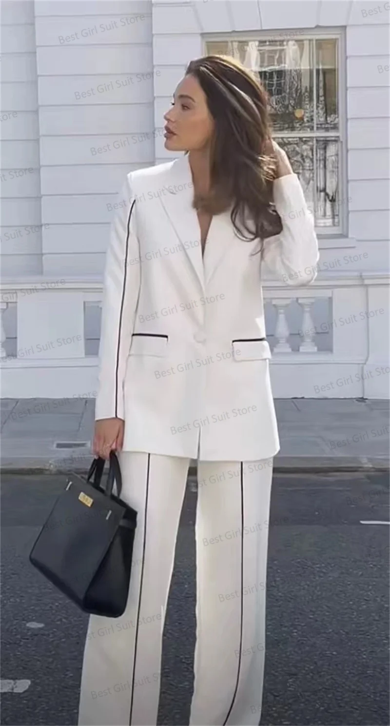 White Cotton Women Suit Pants Set Blazer+Trousers 2 Pieces Black Line Wedding Tuxedos Prom Dress Custom Made Party Coat Jacket