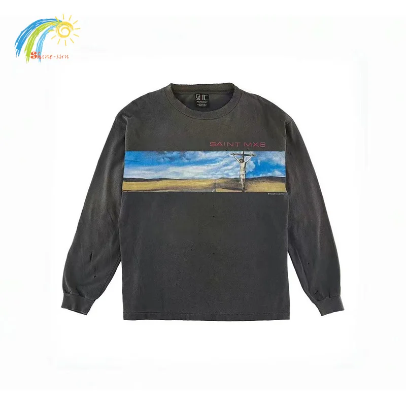 

Best Quality Vintage Washed Black Cross Jesus Saint Long Sleeved T-Shirt Men Women High Street Oversized T Shirt Casual Tee Tops