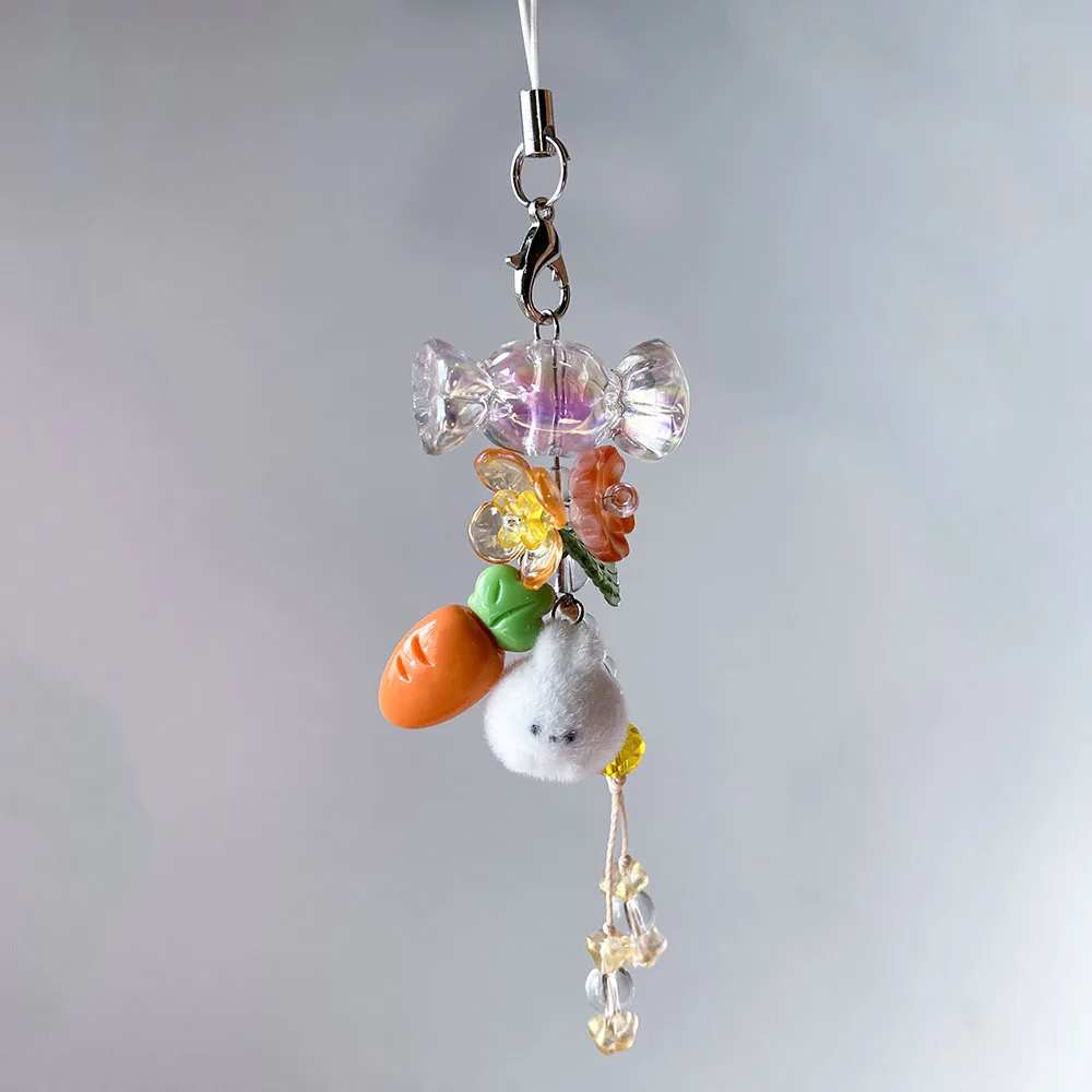 Süße Osterhase Handyanhänger Kette Karotte Kaninchen Süßigkeiten Orange Blume Perle Schlüsselanhänger Anhänger für Geldbörse Kamera Dekor Geschenk Schmuck