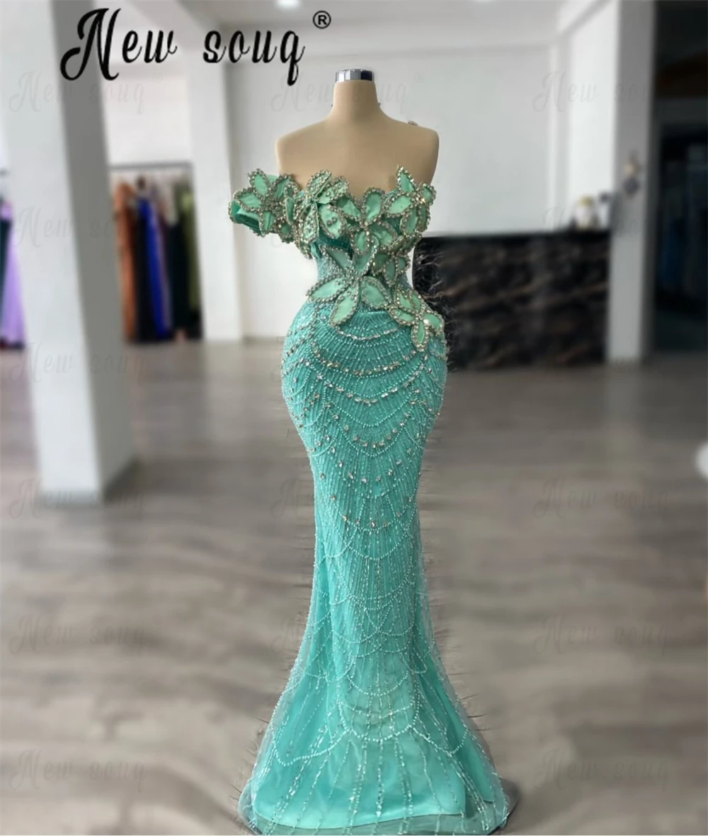 Africano fora do ombro 3d folhas maxi longo vestido de cocktail frisado hortelã verde vestidos de festa de casamento para meninas negras robe de soiree