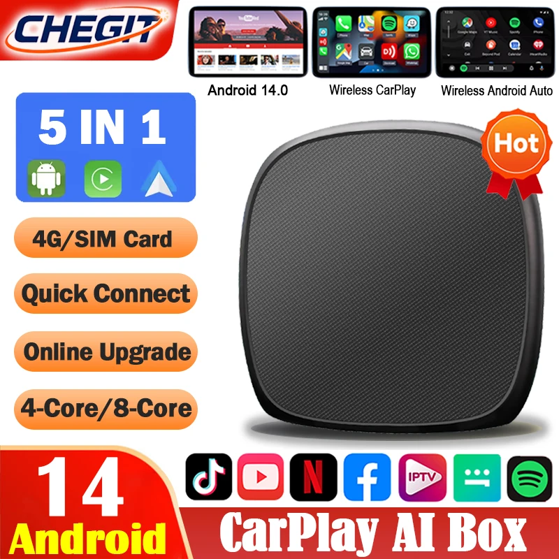 CHEGIT Android 14 TV Box 5 في 1 8-Core Wireless CarPlay Wireless Android Auto AI BOX لـ Netflix Youtube Car Accessories