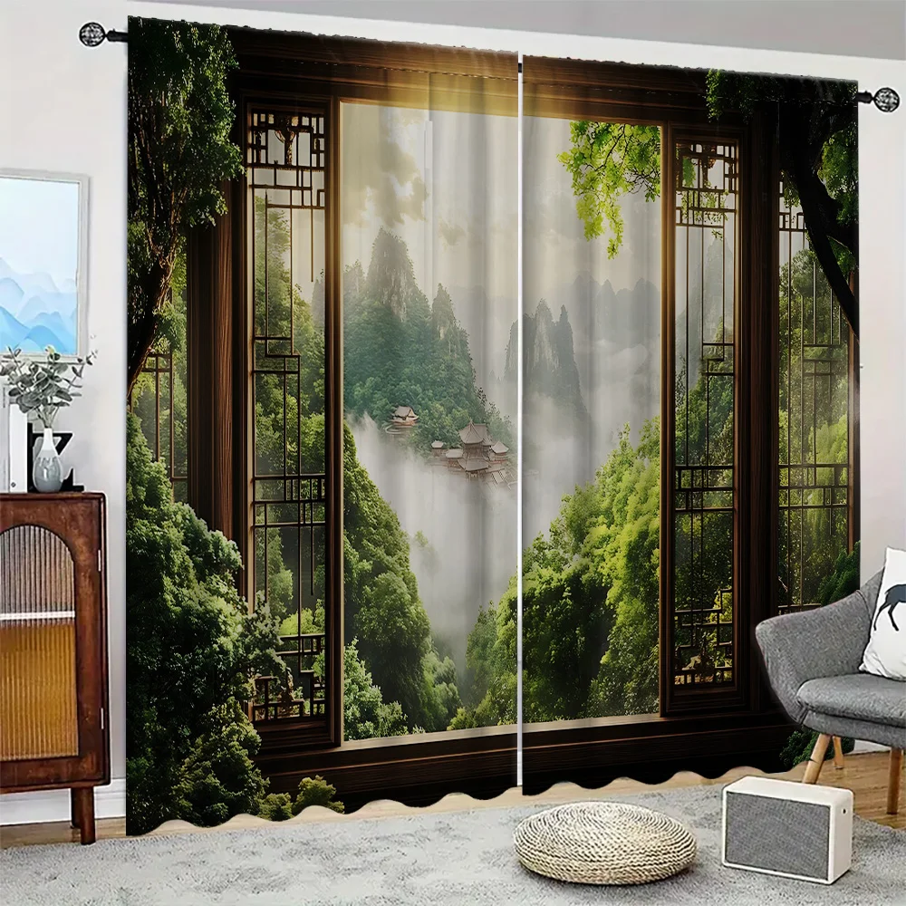2PC Home Window Forest Curtains With Landscape Background And Pole Pocket Curtains, Kitchen, Coffee Shop, Living Room, Bacony