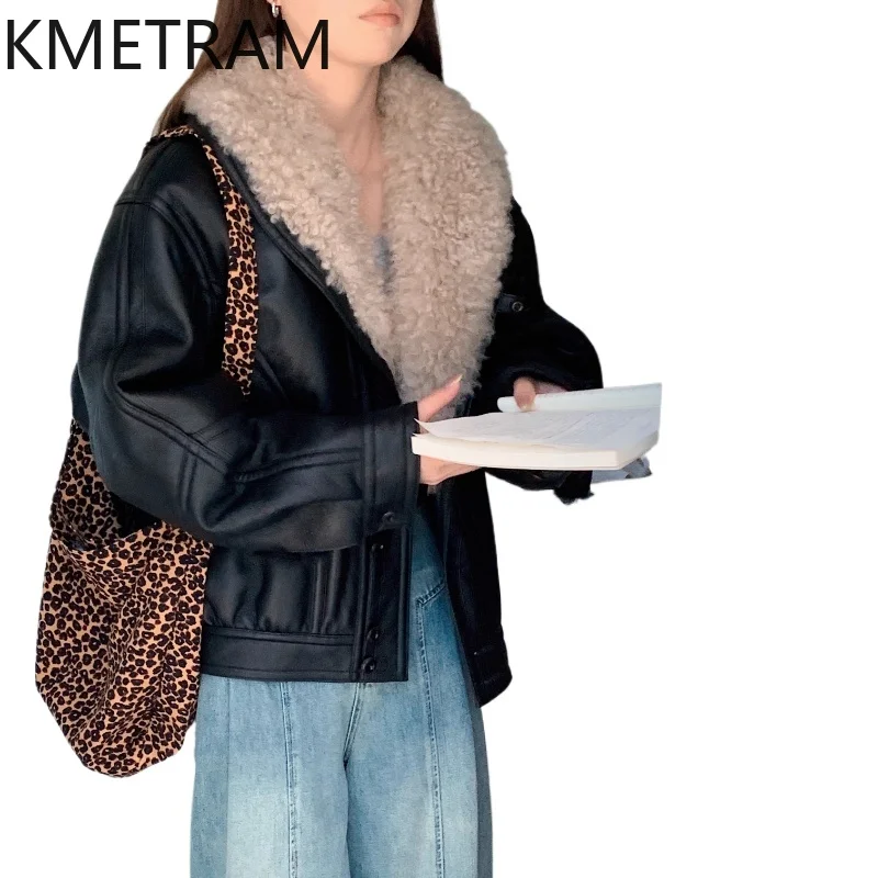 

KMETRAM Natural Wool Sheepskin Double Faced Fur Coat Woman Short Black Real Fur Jacket 2025 Winter Leather Coats Women Clothing