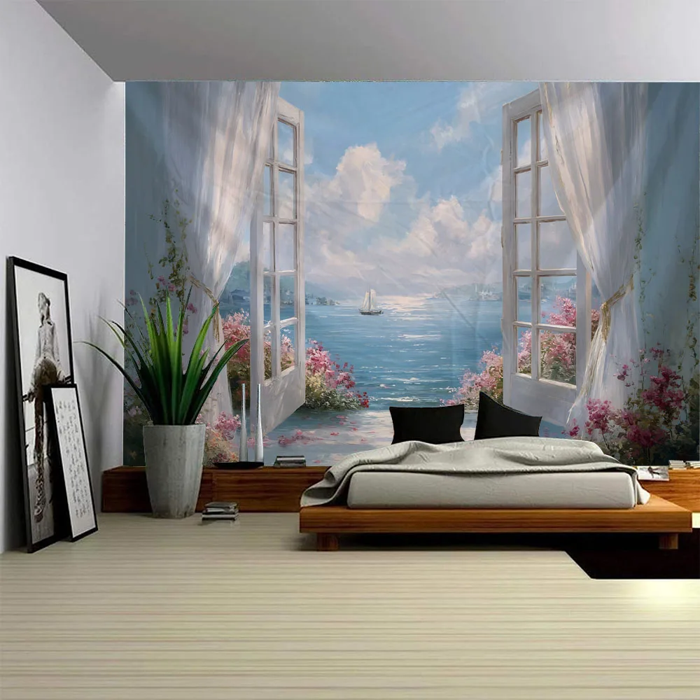 

Ocean Landscape Oil Painting Tapestry Brick Wall Window Landscape Background Cloth Home Bedroom Aesthetic Decoration Painting