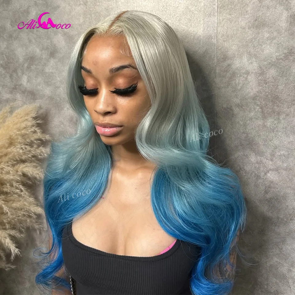 

Ombre Silvery White and Blue Colored Pre Plucked 180 Density 13X6 Body Wave Transparent Lace Frontal Wig Human Hair for Women
