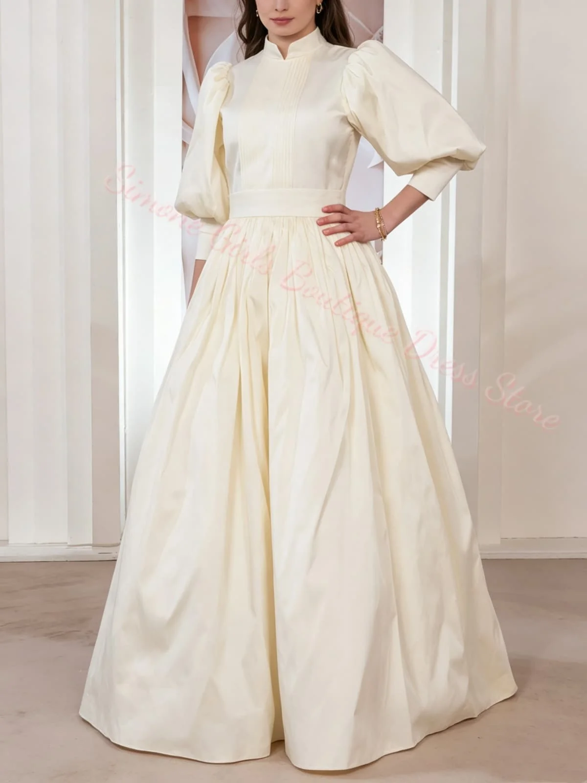 Vintage Womens Cream Satin Evening Dress Balloon Sleeves Sister of the Bride Dress for Wedding Guest Formal Custom Vestido
