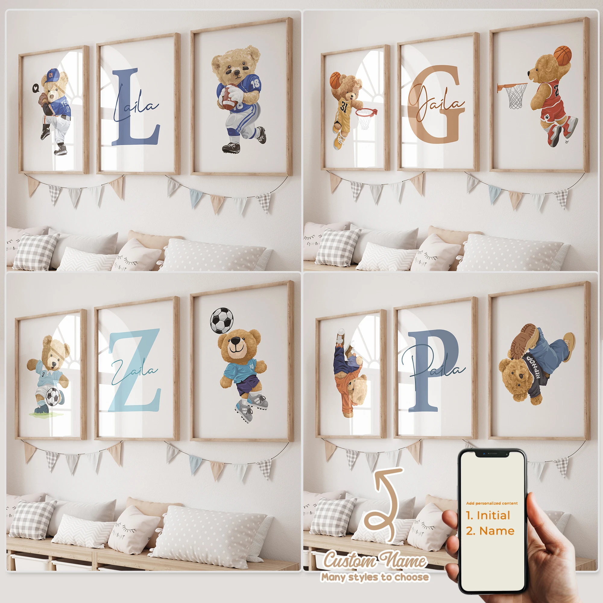 3 stücke Personalisierte Benutzerdefinierte Name Cartoon Bär Sport Wand Kunstdruck Bild Leinwand Poster Malerei Für Wohnzimmer Kind Zimmer Home Decor