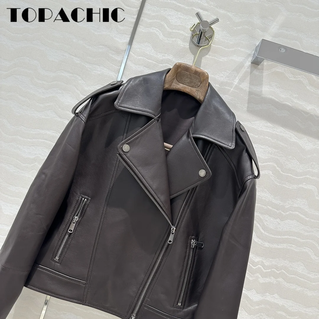 7.30 TOPACHIC-Women\'s Vintage Epaulet Genuine Leather Short Jacket All-matches Turn-down Collar Zipper Sheepskin Outerwear