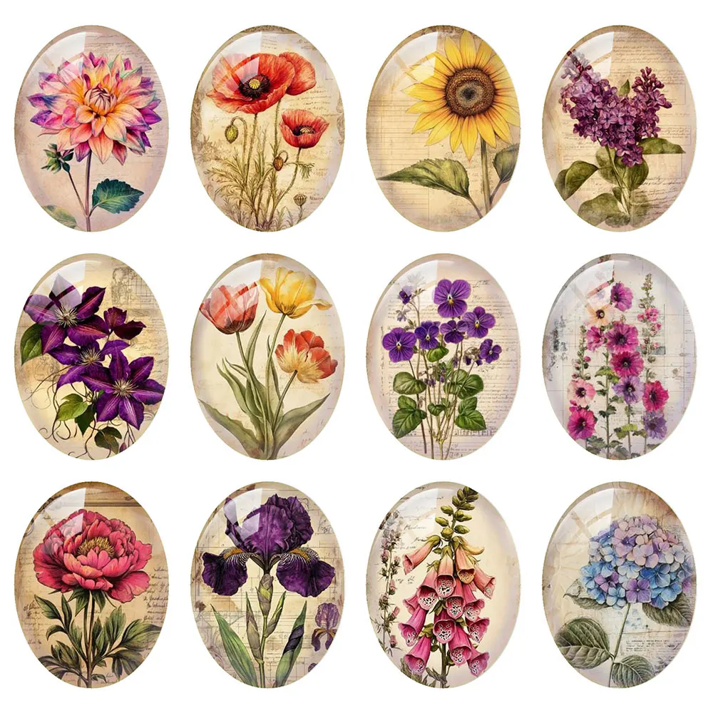Random Mixed Round/Oval/Square Retro Botanical Flowers Paeonies Photo Glass Cabochon Flatback Demo Cameo For Diy Jewelry Making