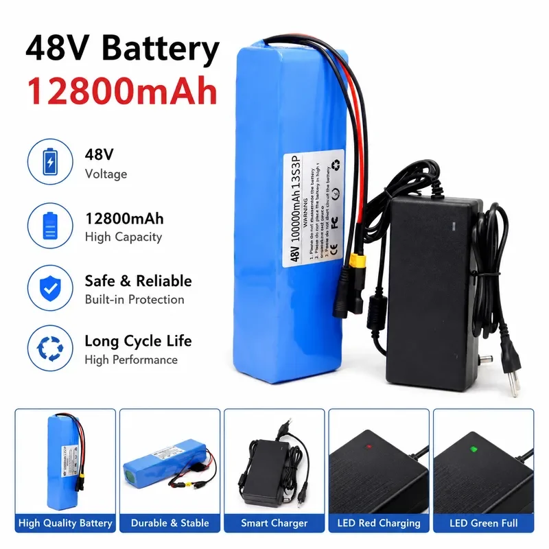 New 48V 100000mAh 2000W 13S3P XT60+T Lithium-ion Battery Pack with 54.6V Charger High Capacity 100Ah for E-bike Electric