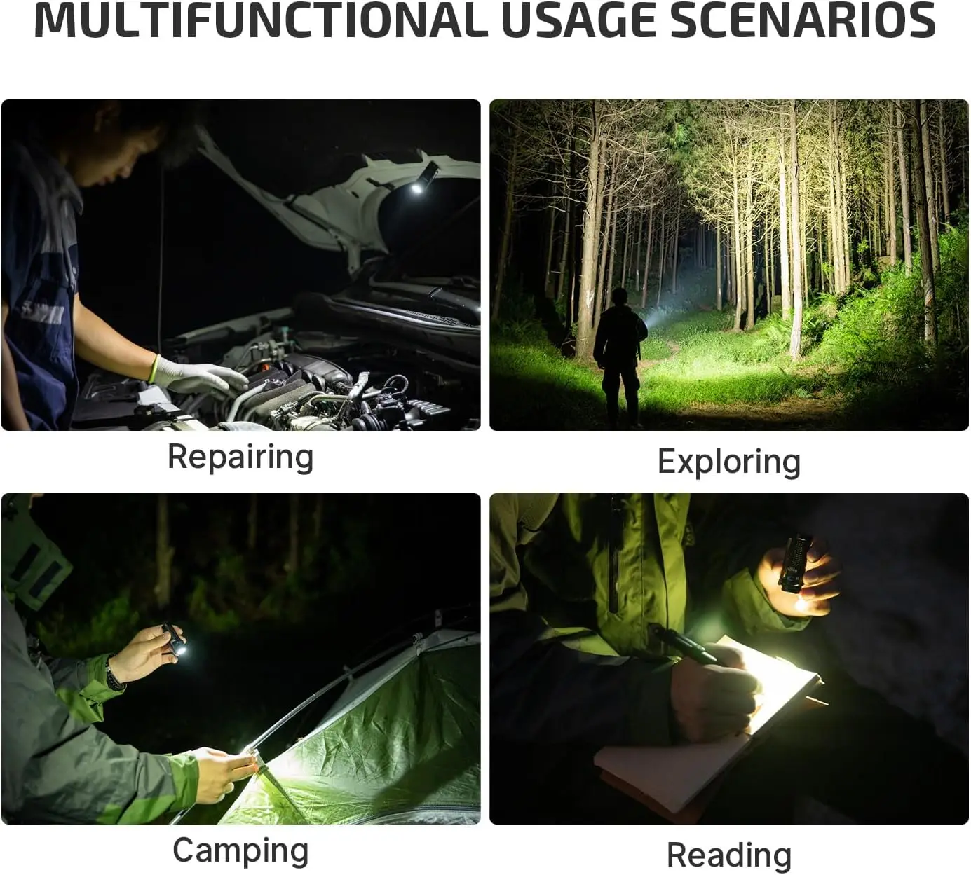 1300ルーメン充電式LED懐中電灯、IPX8防水、6つのモード搭載、ハンズフリー使用のための磁気テール